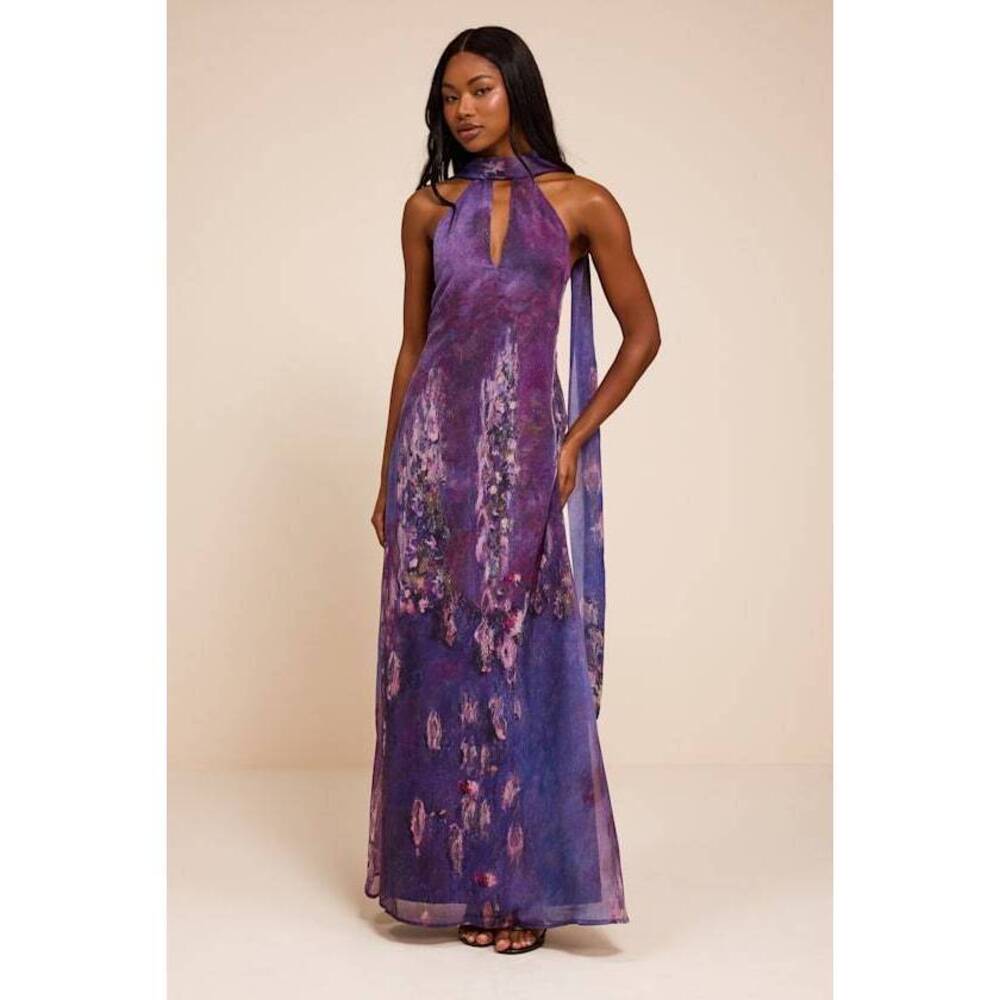 Lulus Calixta Purple Abstract Chiffon Sash Shift Maxi Dress - Size S